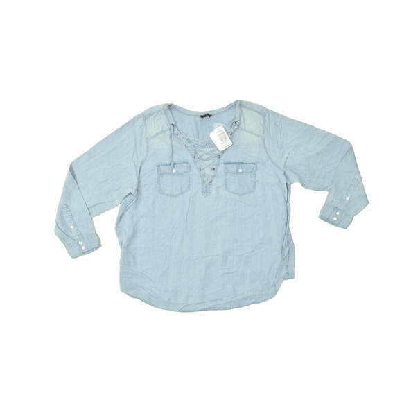 NEW Torrid Plus Size 2 Chambray Tencel Lace-Up Peasant Top Women's Blouse - Picture 1 of 8